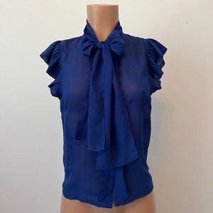 Sleeveless Blue Button Down Sheer Tie Top Blouse Ruffle Trim - Small